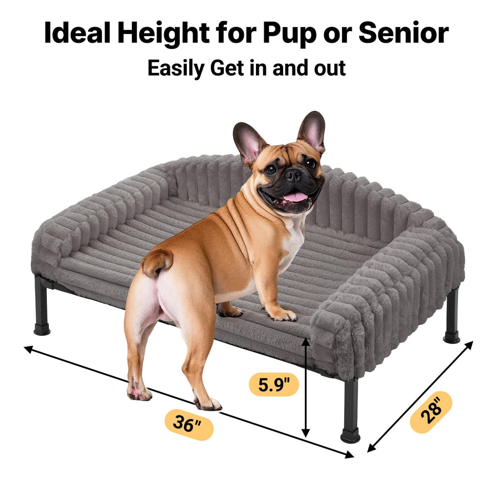 Veehoo elevated dog bed grey top view highlighting cozy bolster for secure lounging.