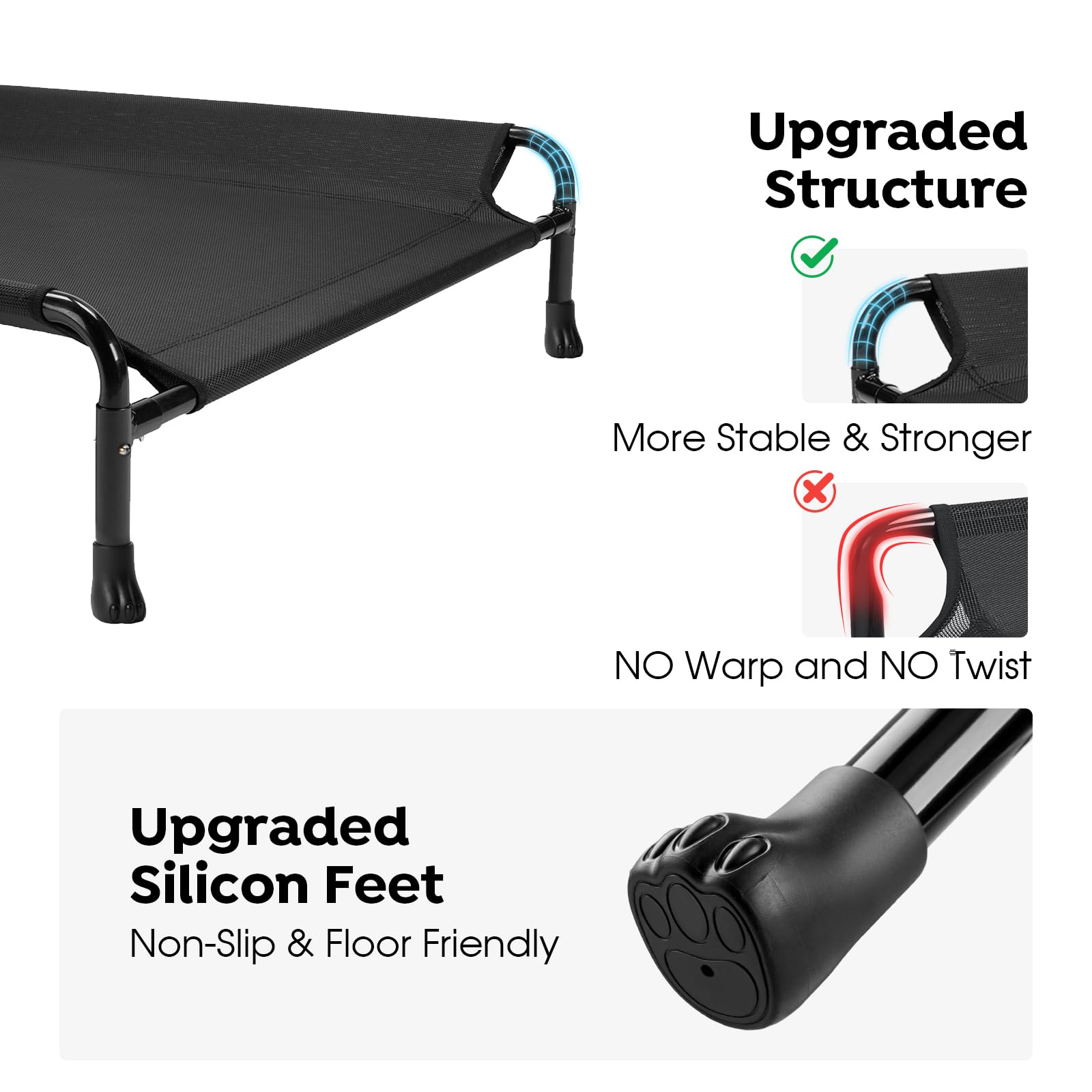 Veehoo non-slip feet illustration demonstrating stable setup on flooring.