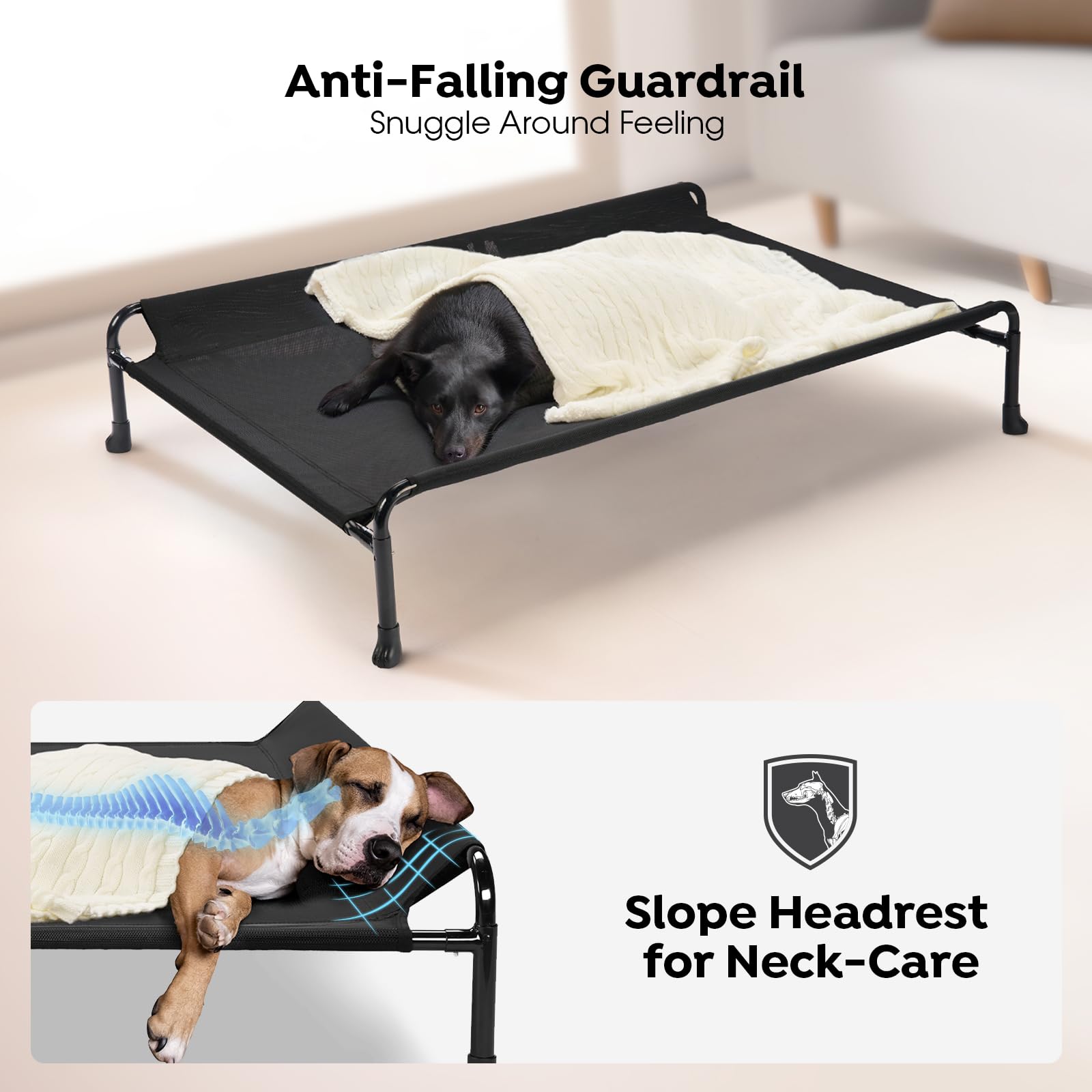 Veehoo elevated dog bed side view highlighting guardrail and hammock design.