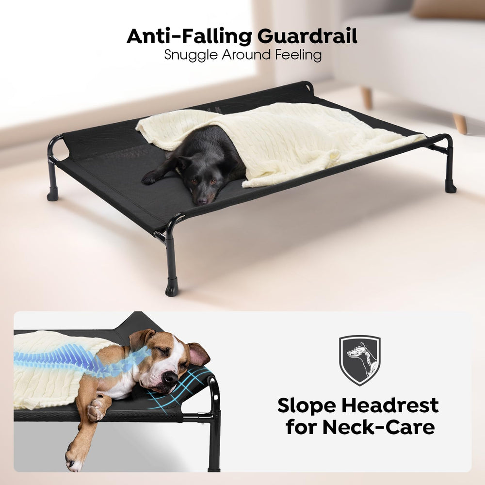 Veehoo elevated dog bed side view highlighting guardrail and hammock design.