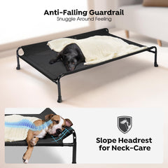 Veehoo elevated dog bed side view highlighting guardrail and hammock design.