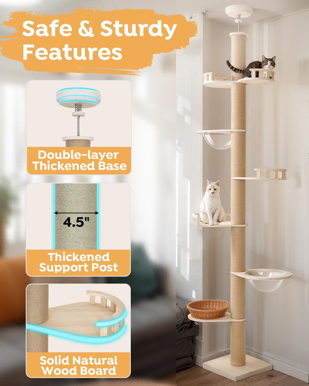 Veehoo cat tree shows 4.3 inch thick posts for durable scratching surfaces