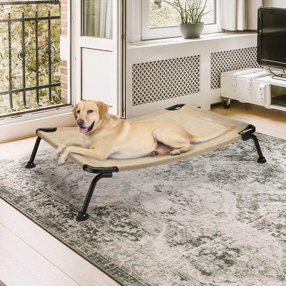 Veehoo beige fabric with black legs on outdoor surface