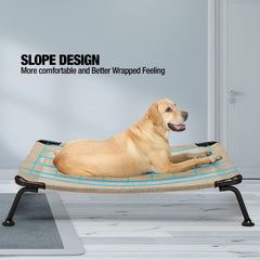 Veehoo camping setup with outdoor elevated bed for portable dog lounging
