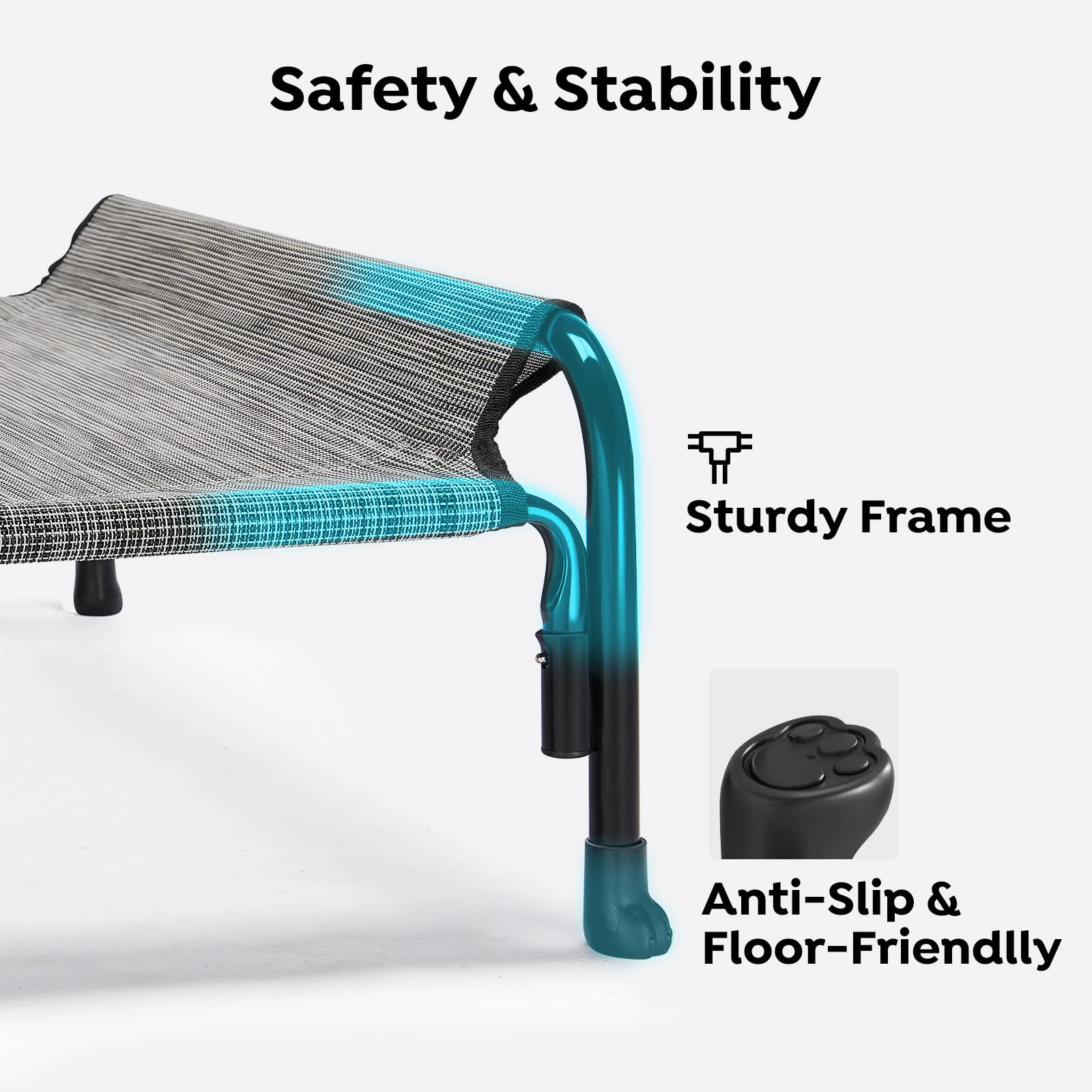 Veehoo bed with non slip feet stabilizes on various surfaces.