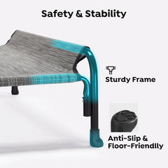 Veehoo bed with non slip feet stabilizes on various surfaces.