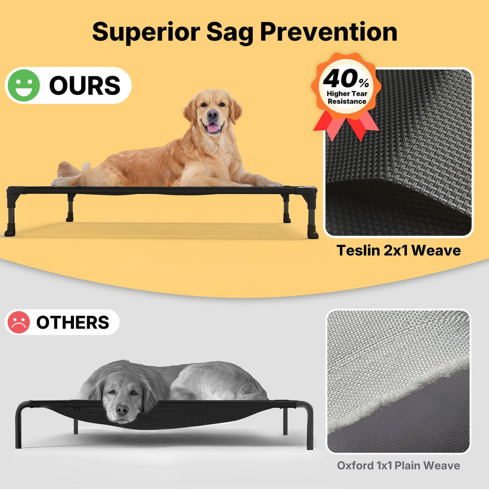 Veehoo outdoor elevated dog bed side profile shows elevated comfort