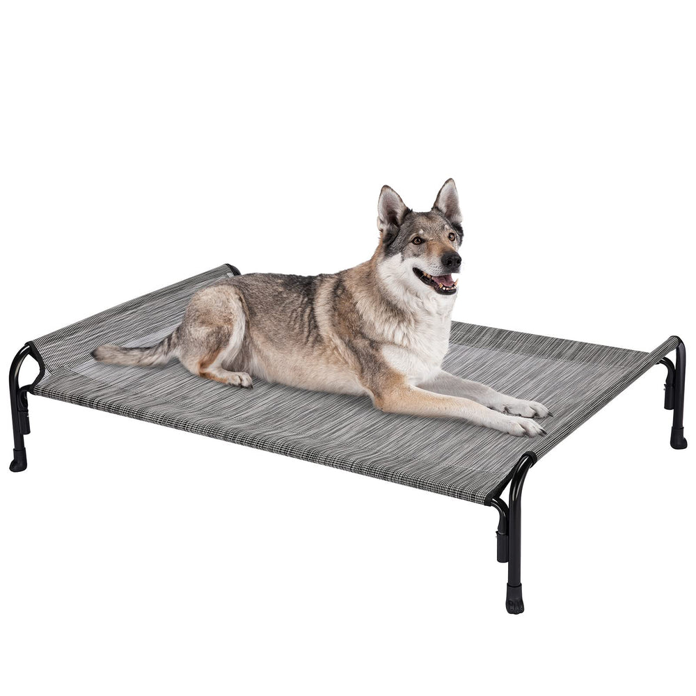 Veehoo outdoor elevated dog bed side view showing sturdy frame for large breeds.
