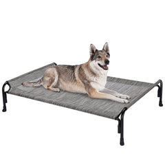 Veehoo outdoor elevated dog bed side view showing sturdy frame for large breeds.