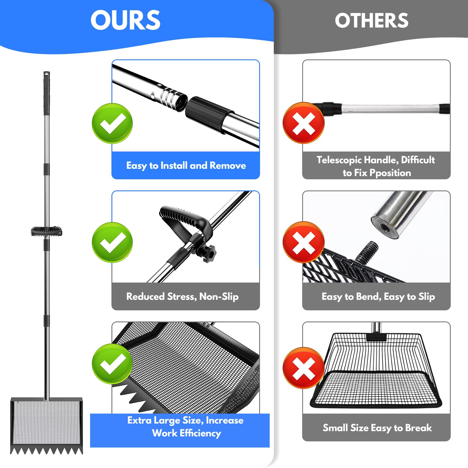 VEEMI 10-inch wide shovel head with integrated rake for fast waste removal