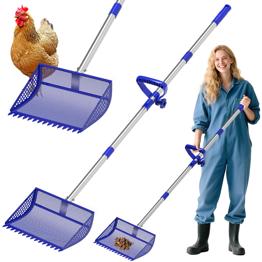 VEEMI Chicken Poop Scooper & Rake in blue shell for easier coop cleaning