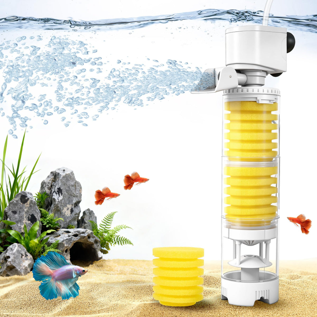 Vehipa 4-in-1 aquarium filter front view shows compact design for large tanks