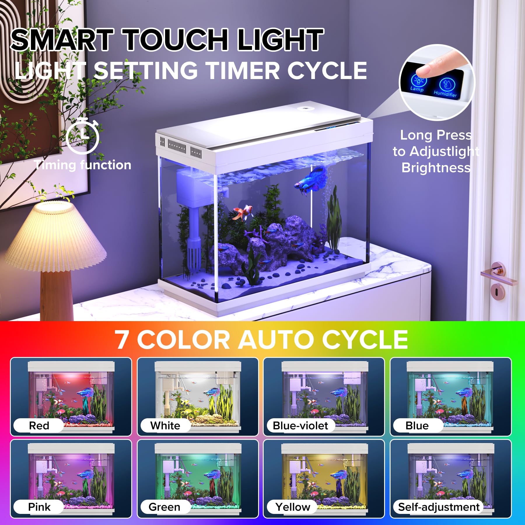 Vehipa 7-color LED light with auto-looping enhances aquascape.