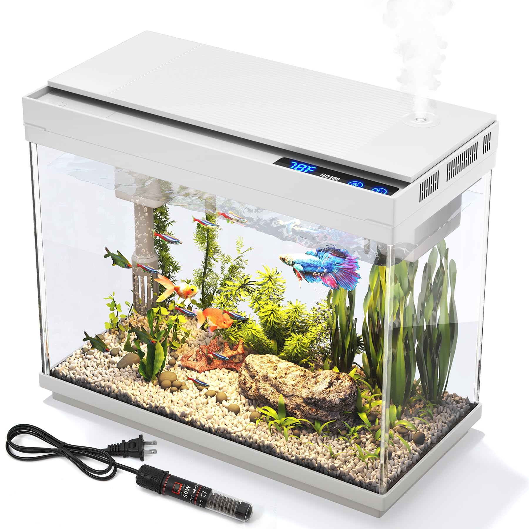 Vehipa aquarium 2-4 gallon betta tank with heater shows compact, space-saving setup for desks.
