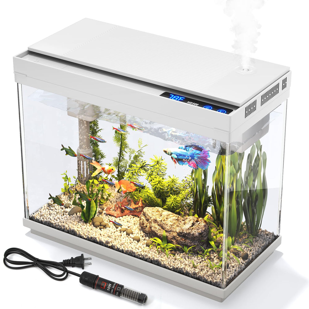 Vehipa aquarium 2-4 gallon betta tank with heater shows compact, space-saving setup for desks.