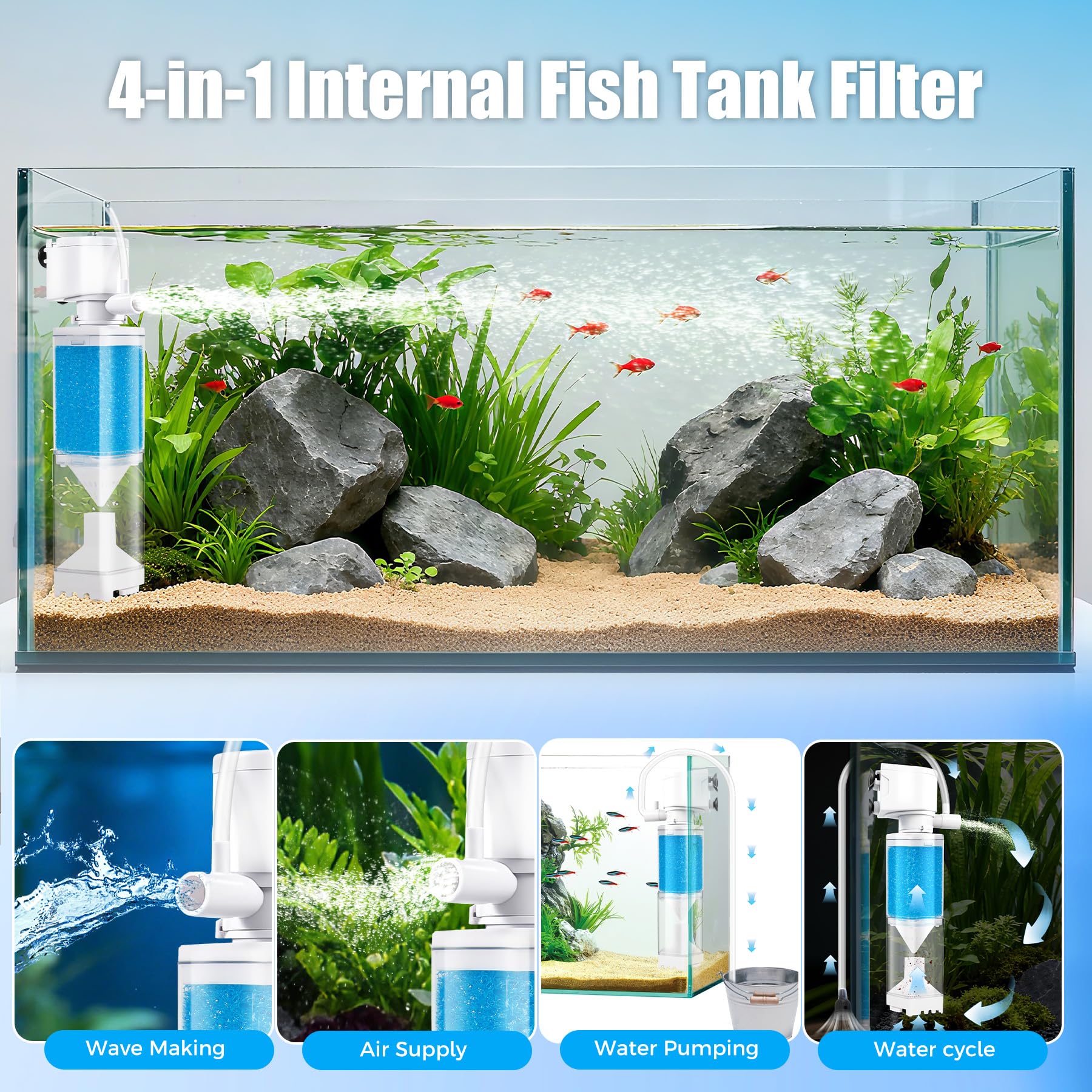 Vehipa aquarium filter two-stage filtration captures impurities and reduces odors.