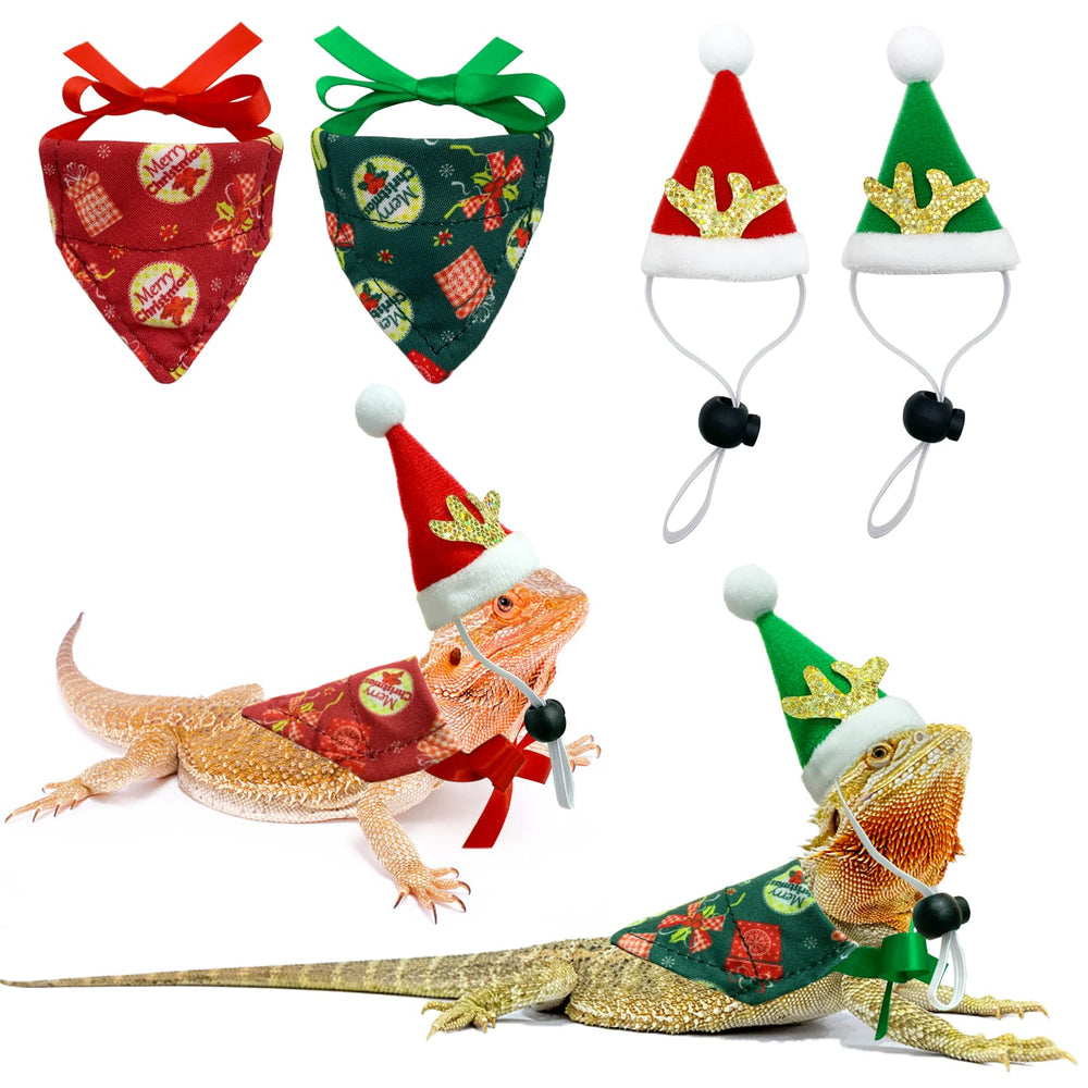 Vehomy bearded dragon wearing Santa hat with elk horns for festive photos
