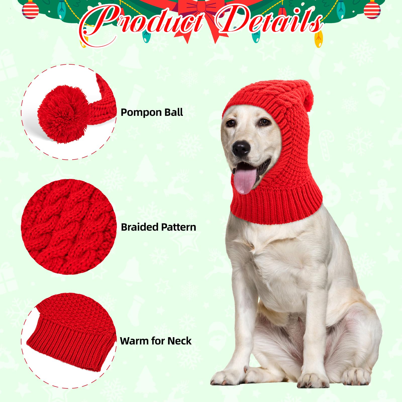 Vehomy dog-knitted hat red back view highlights festive style for holidays.