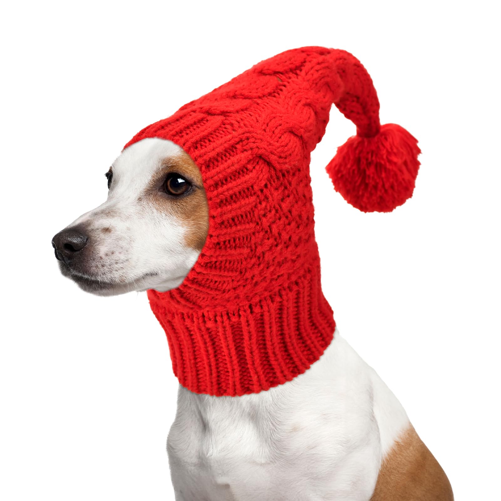 Vehomy dog knitted hat red front-view keeps small dogs warm on winter walks.