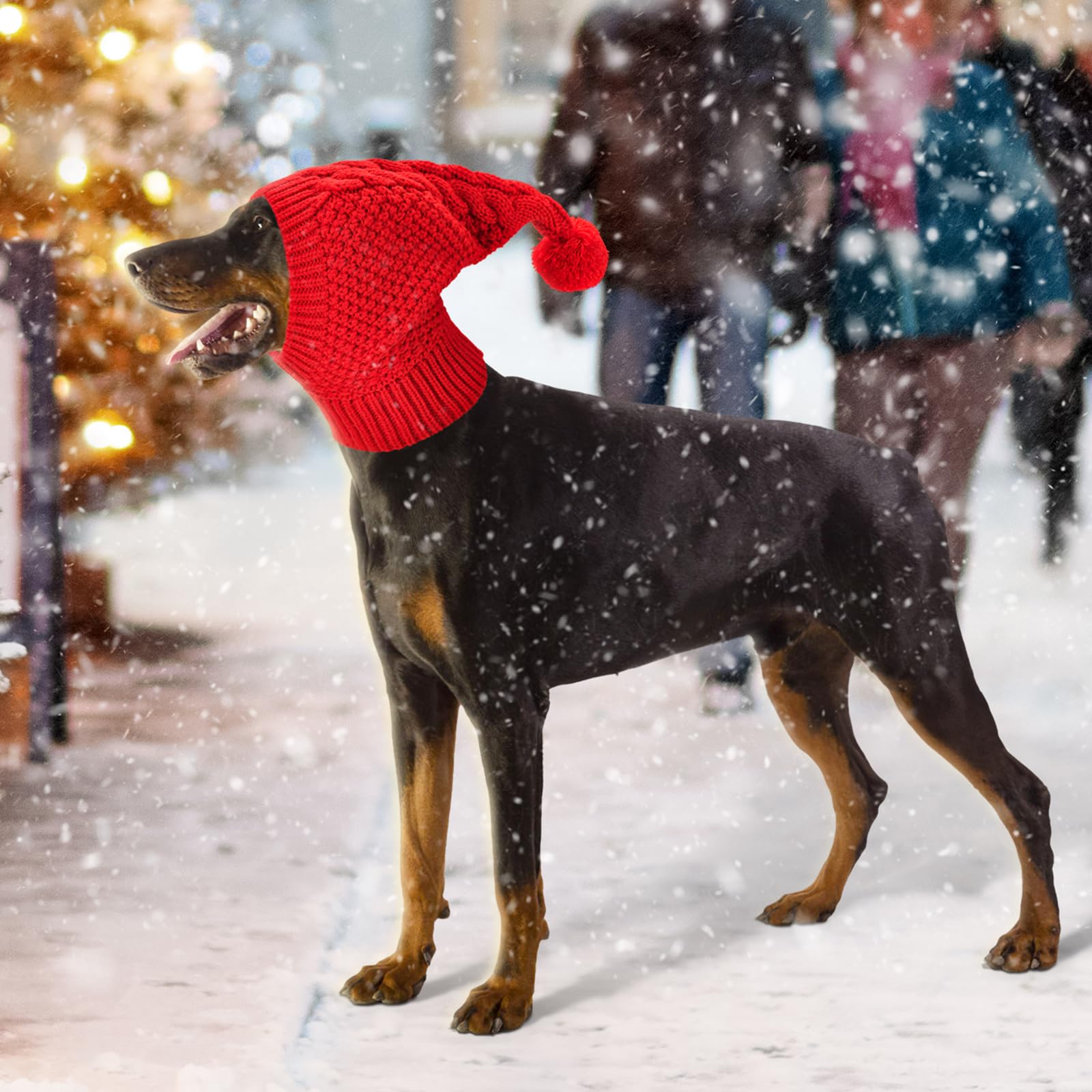 Vehomy dog knitted hat red full-wrap design enhances festive look during holidays.
