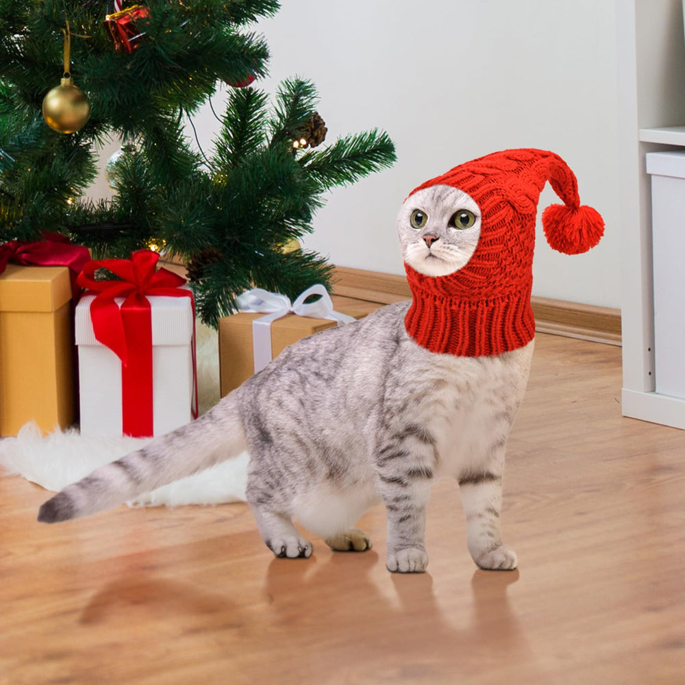 Vehomy dog-knitted hat red on-pet wearing captures comfortable, snug fit.