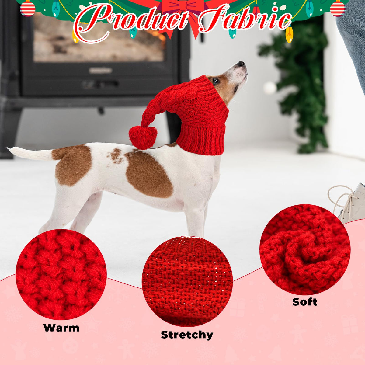 Vehomy dog-knitted hat red side view demonstrates secure fit for active pets.