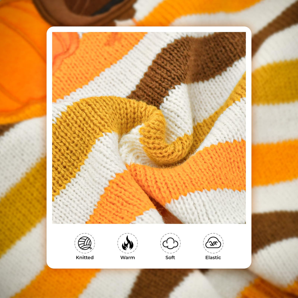 Vehomy pumpkin turkey embroidery detail highlights holiday design on the back of the sweater.