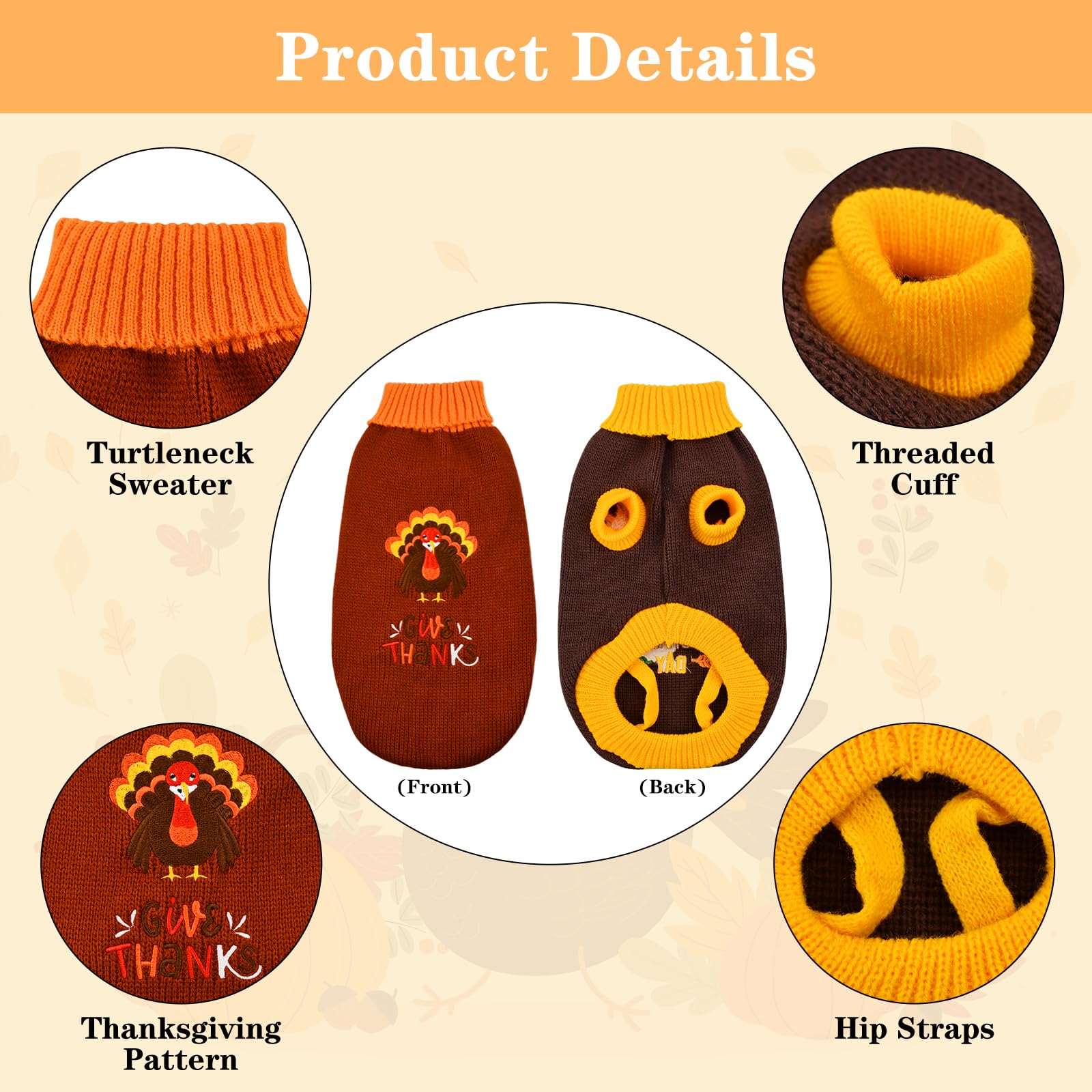 Vehomy thanksgiving-turkey-dog-sweater-back view with embroidered design.