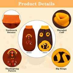 Vehomy thanksgiving-turkey-dog-sweater-back view with embroidered design.