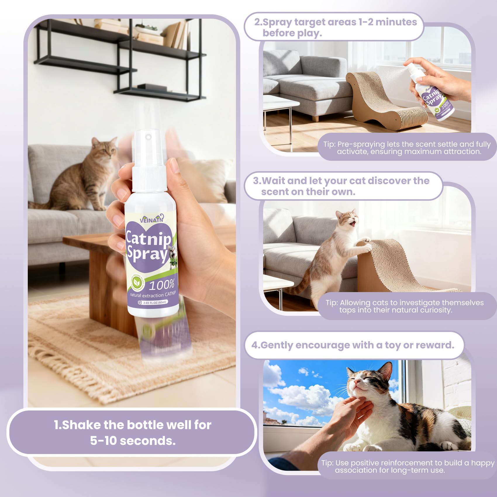 VEINATN Catnip Spray packaging emphasizes mess-free, simple use.