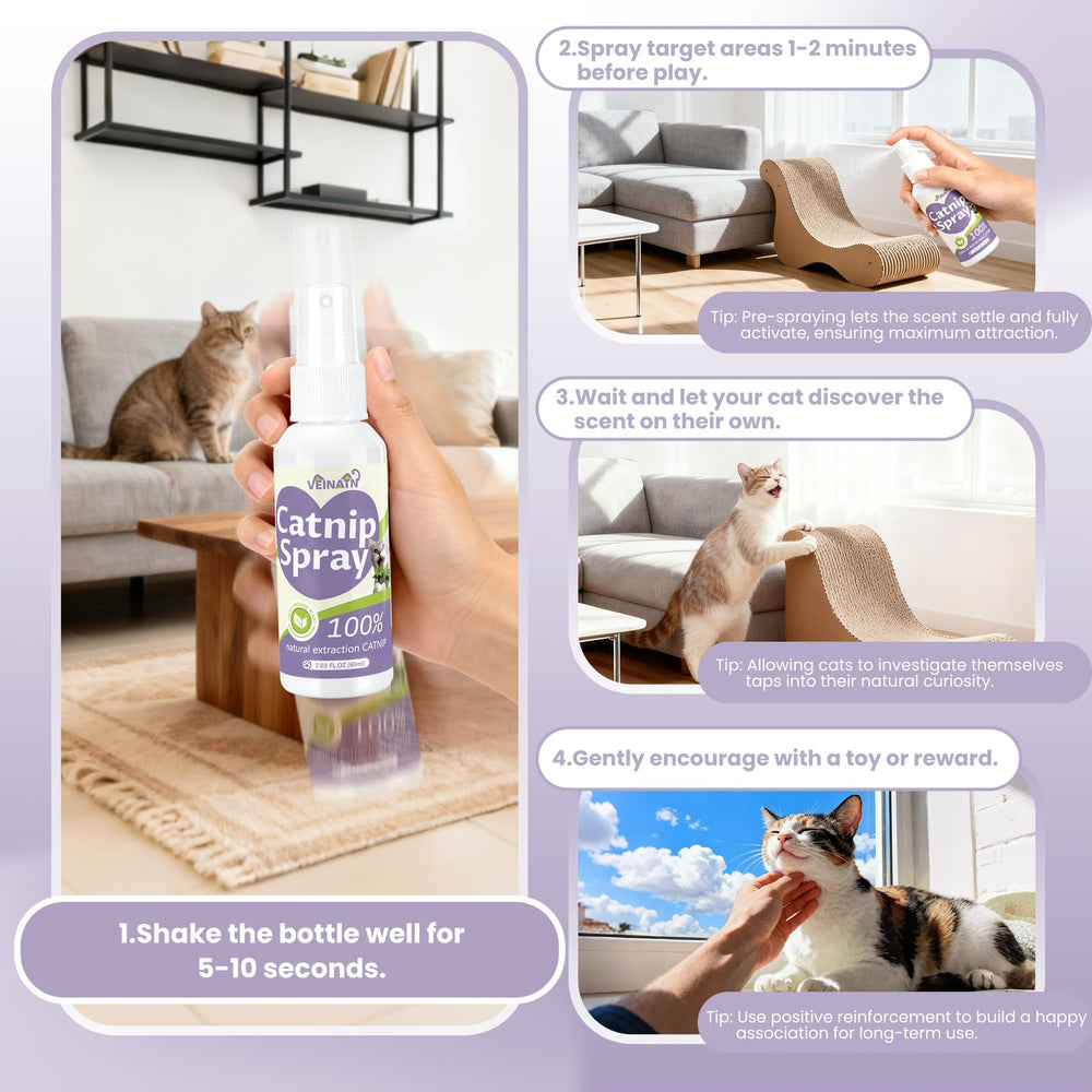 VEINATN Catnip Spray packaging emphasizes mess-free, simple use.
