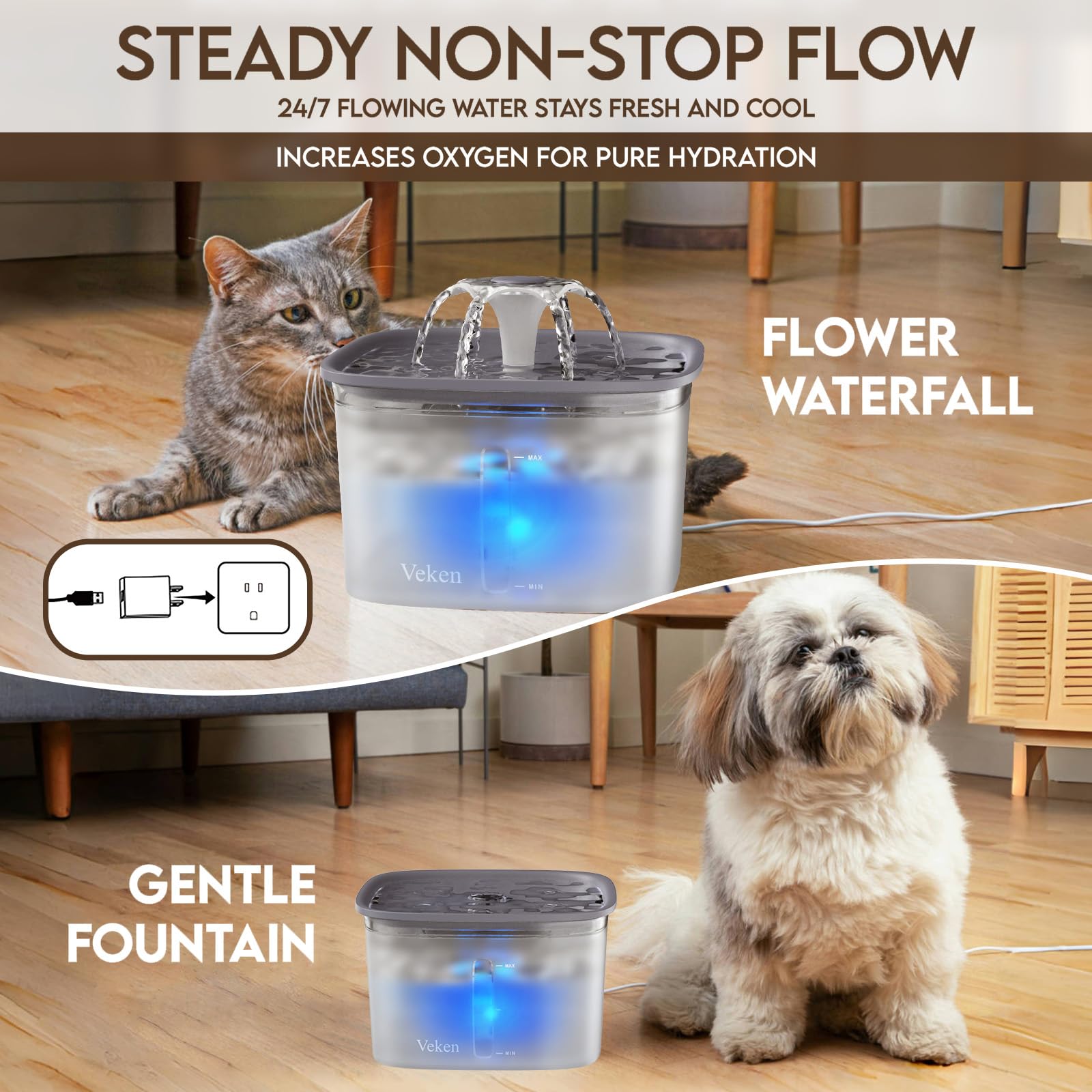 Veken 5-stage filtration improves water quality for pets.