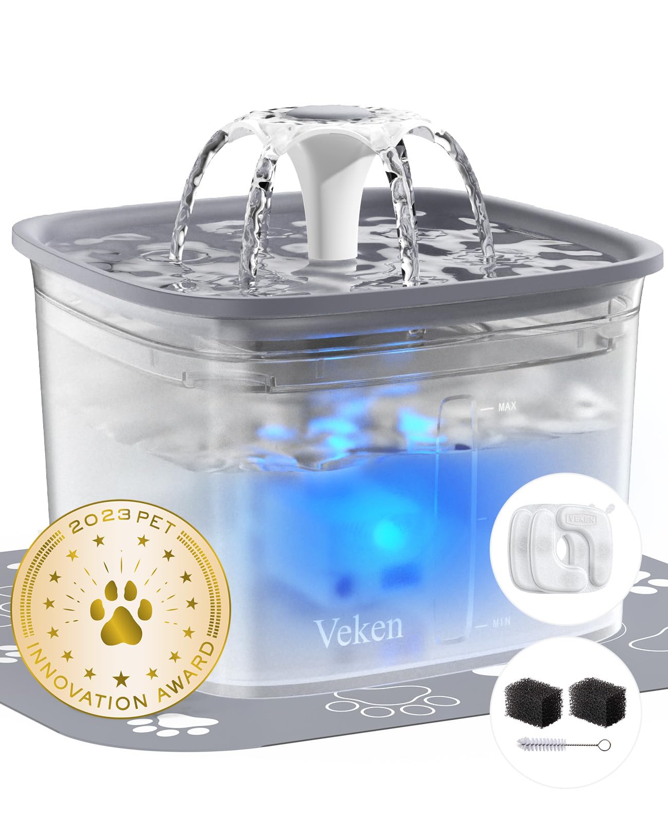 Veken 95oz pet fountain with award badge highlighting trusted hydration for pets.