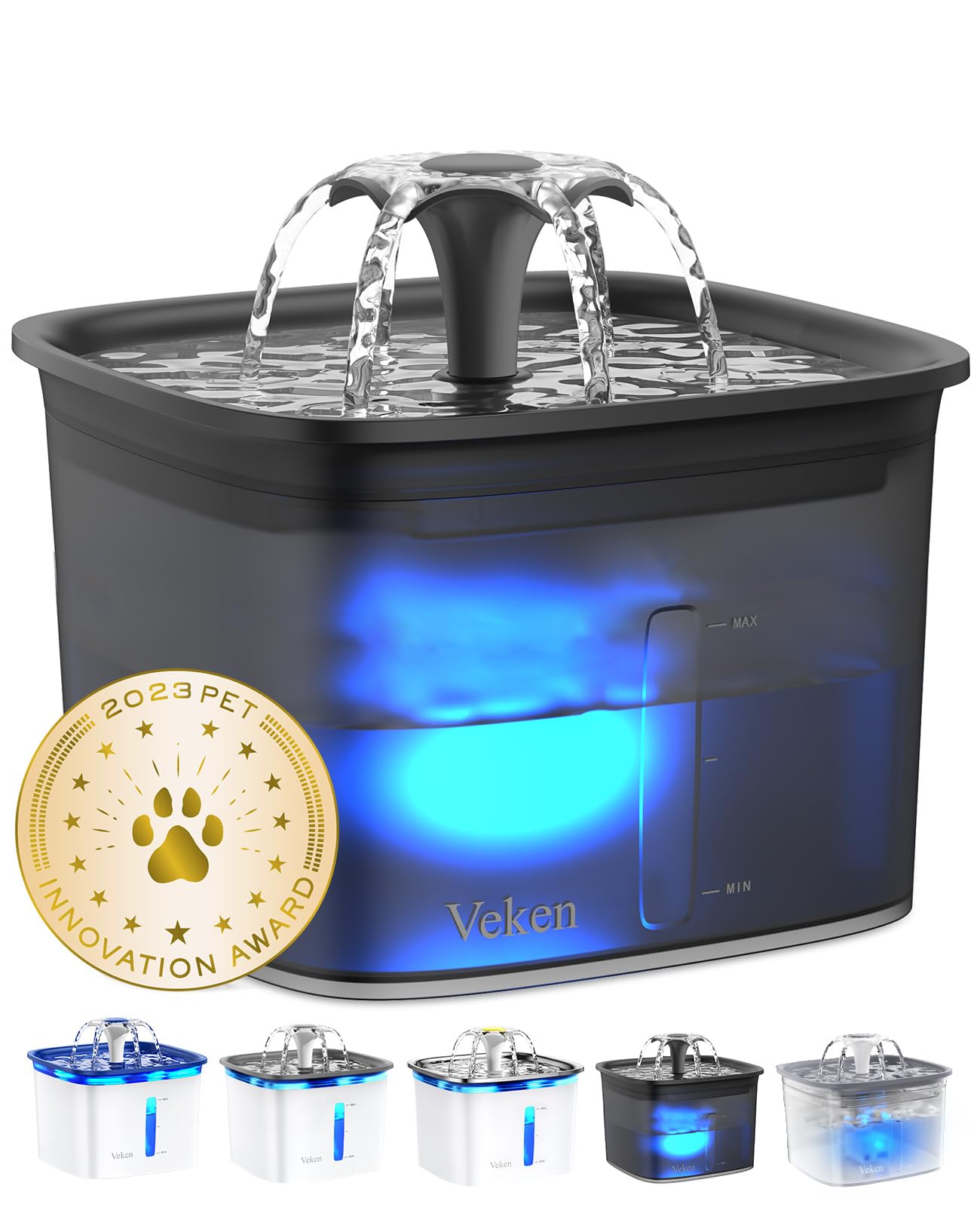 Veken 95oz pet fountain front view in space black for reliable multi-pet hydration