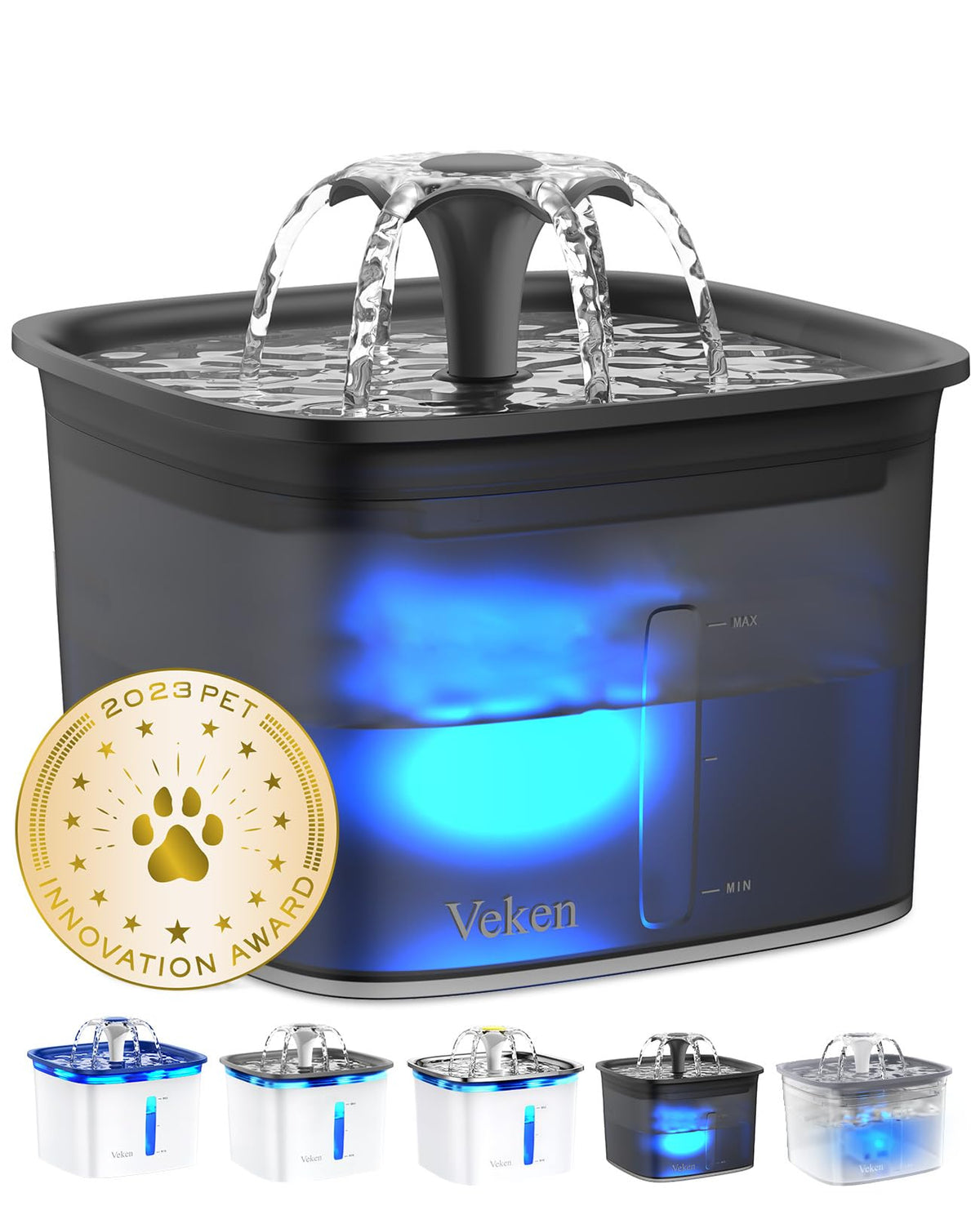 Veken 95oz pet fountain front view in space black for reliable multi-pet hydration