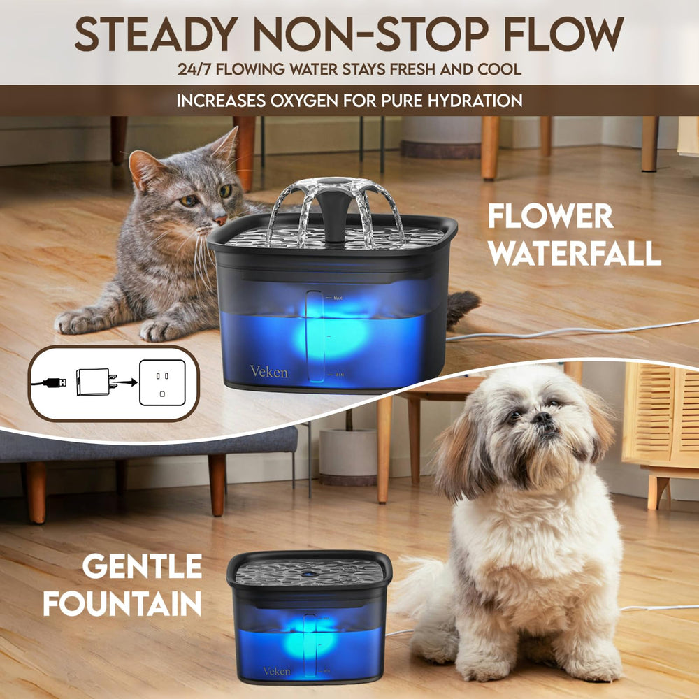 Veken 95oz pet fountain top view highlights capacity and easy refill for households