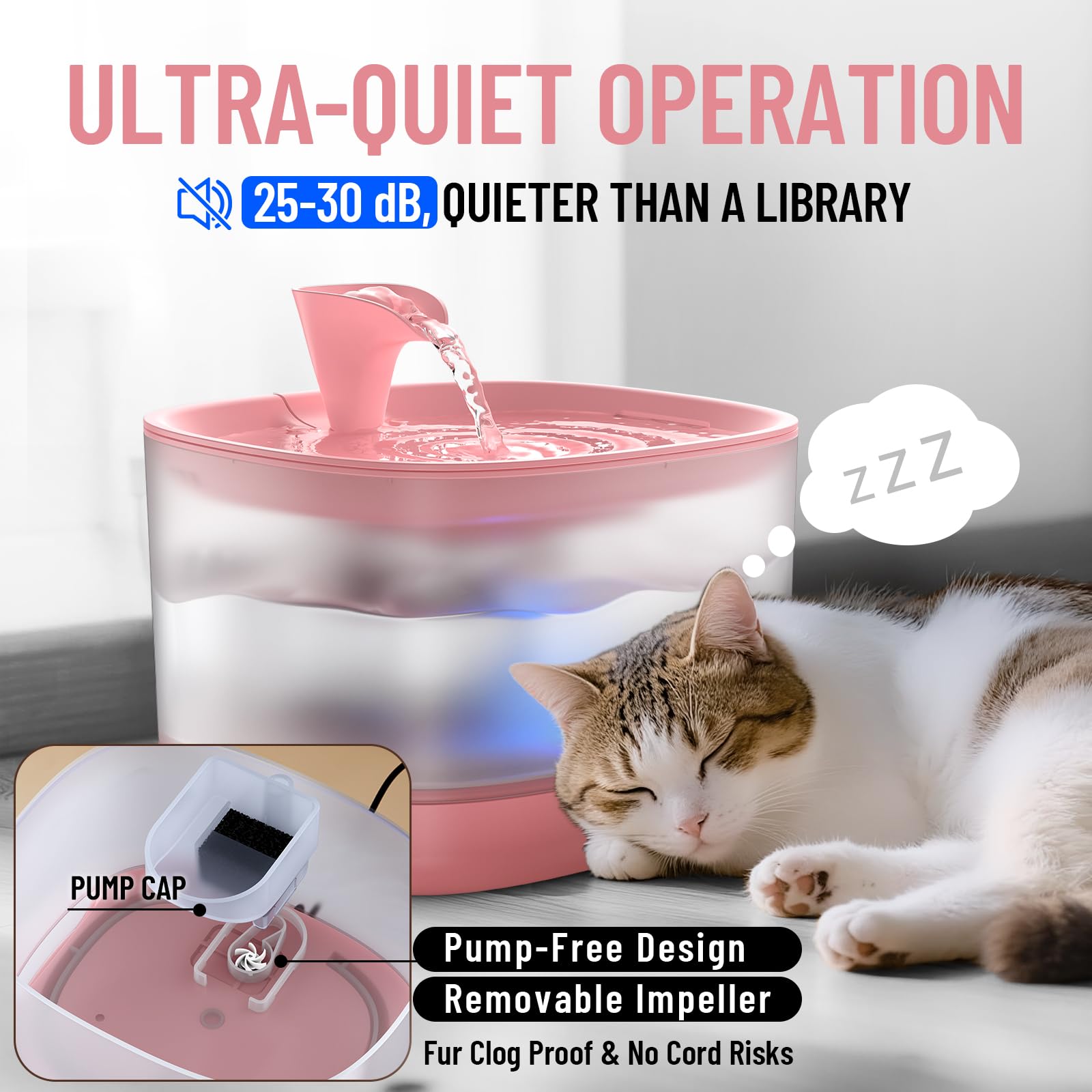 Veken cat water fountain shows 84oz capacity for shared pet hydration.