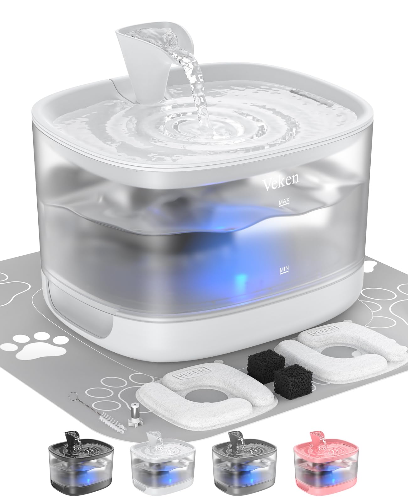 Veken cat water fountain with detachable tank for easy cleaning and refilling.