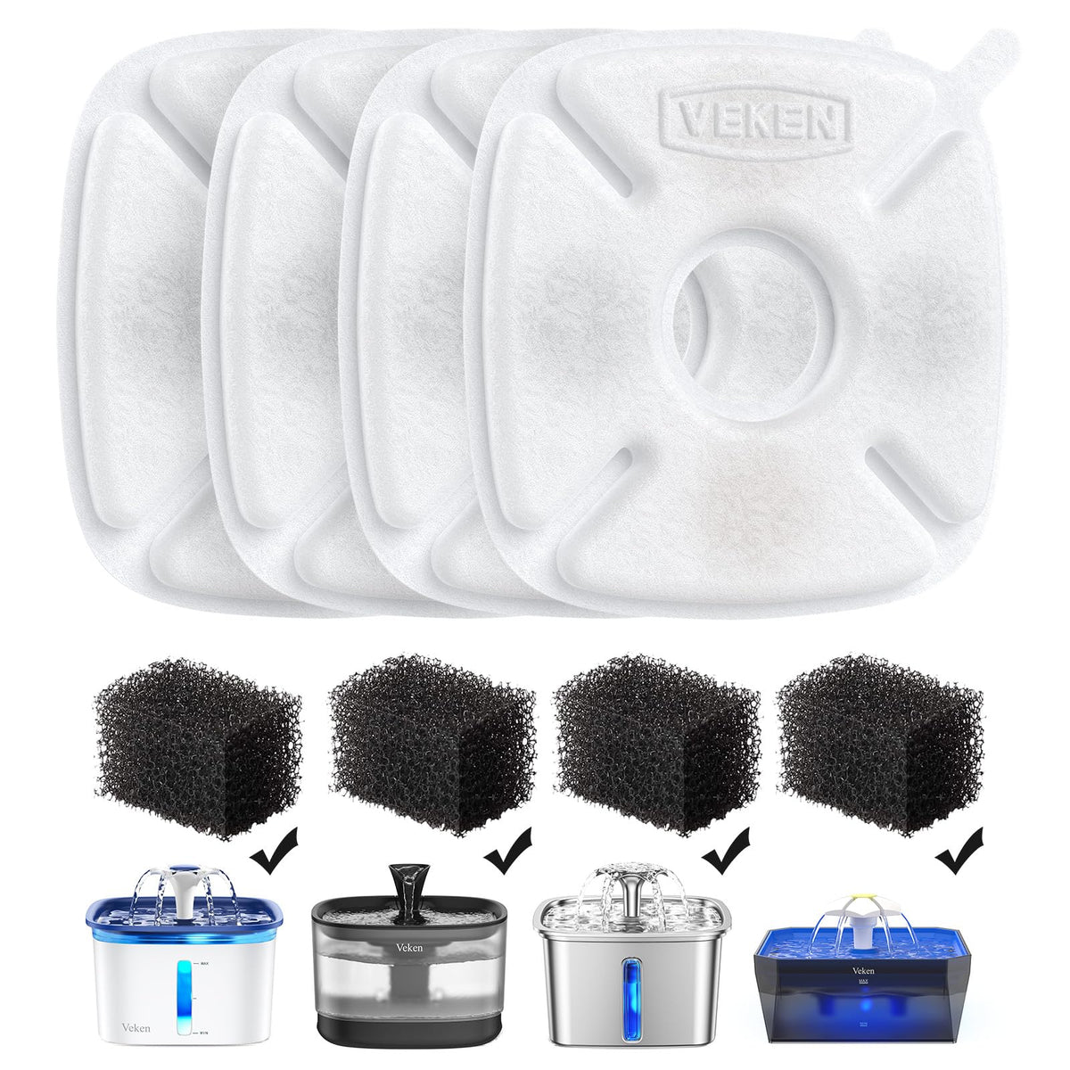 Veken cat water fountain filter pack fits 50oz–108oz fountains to improve water taste.