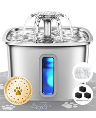 Veken cat water fountain front-angle shows durable stainless steel hydration