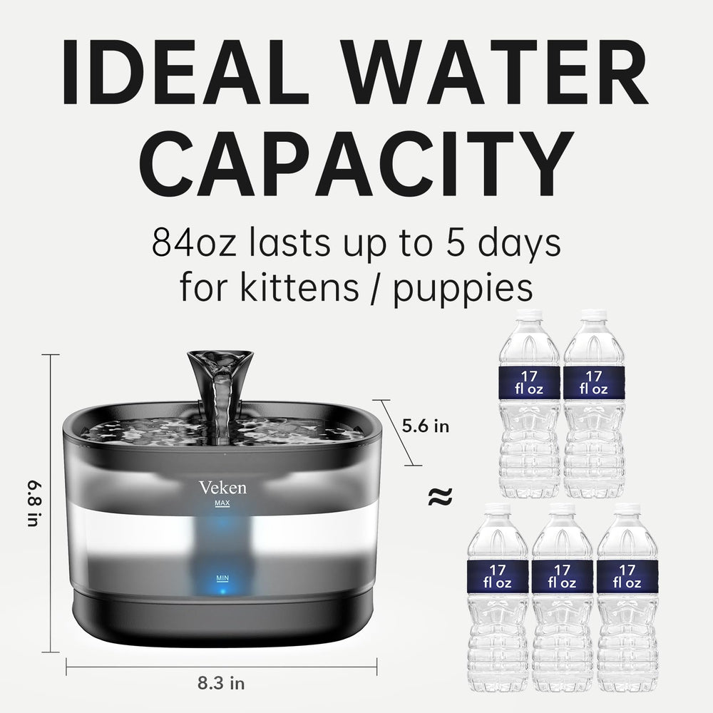 Veken Cat Water Fountain quiet operation minimizes household disruption.