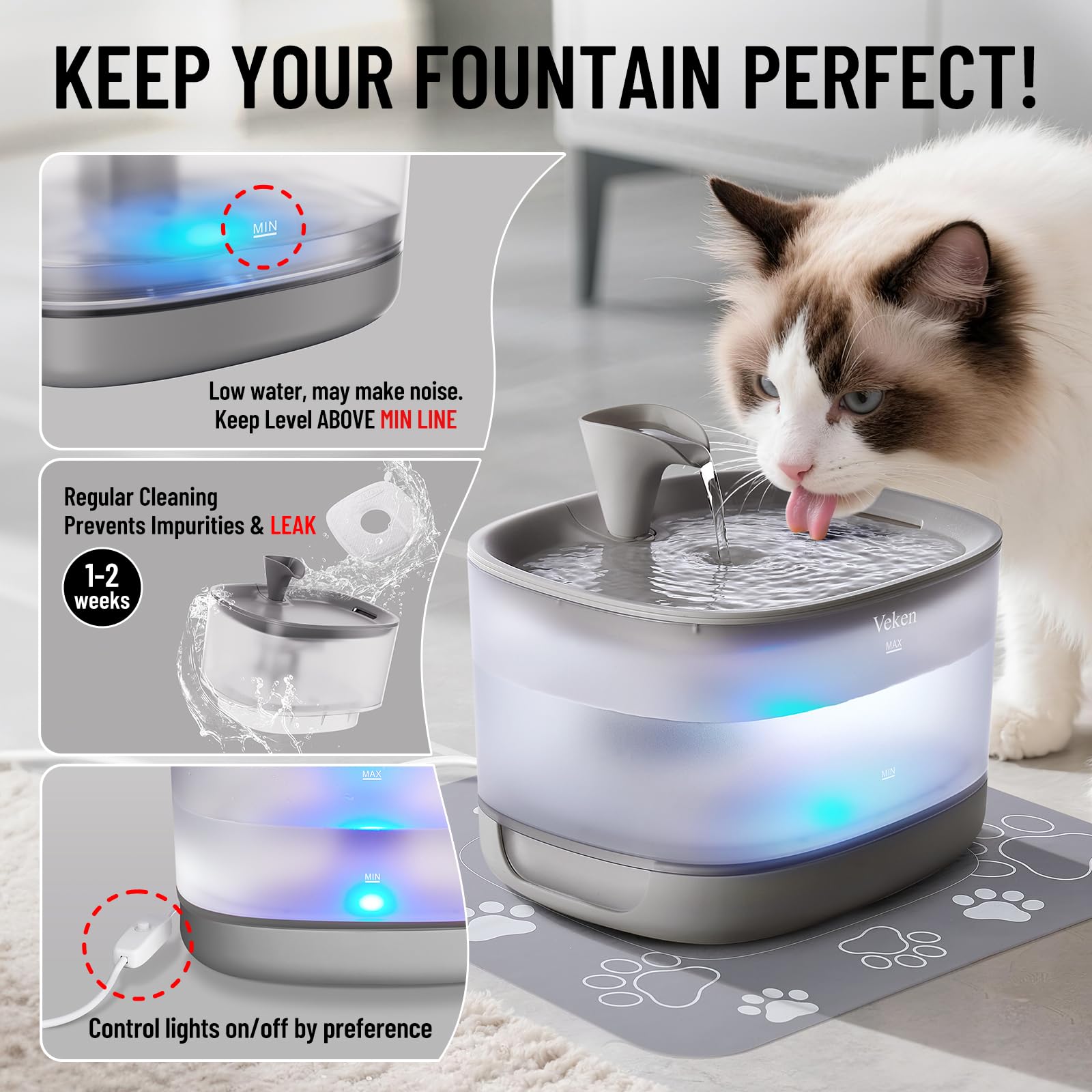 Veken cat water fountain replaceable impeller simplifies maintenance.