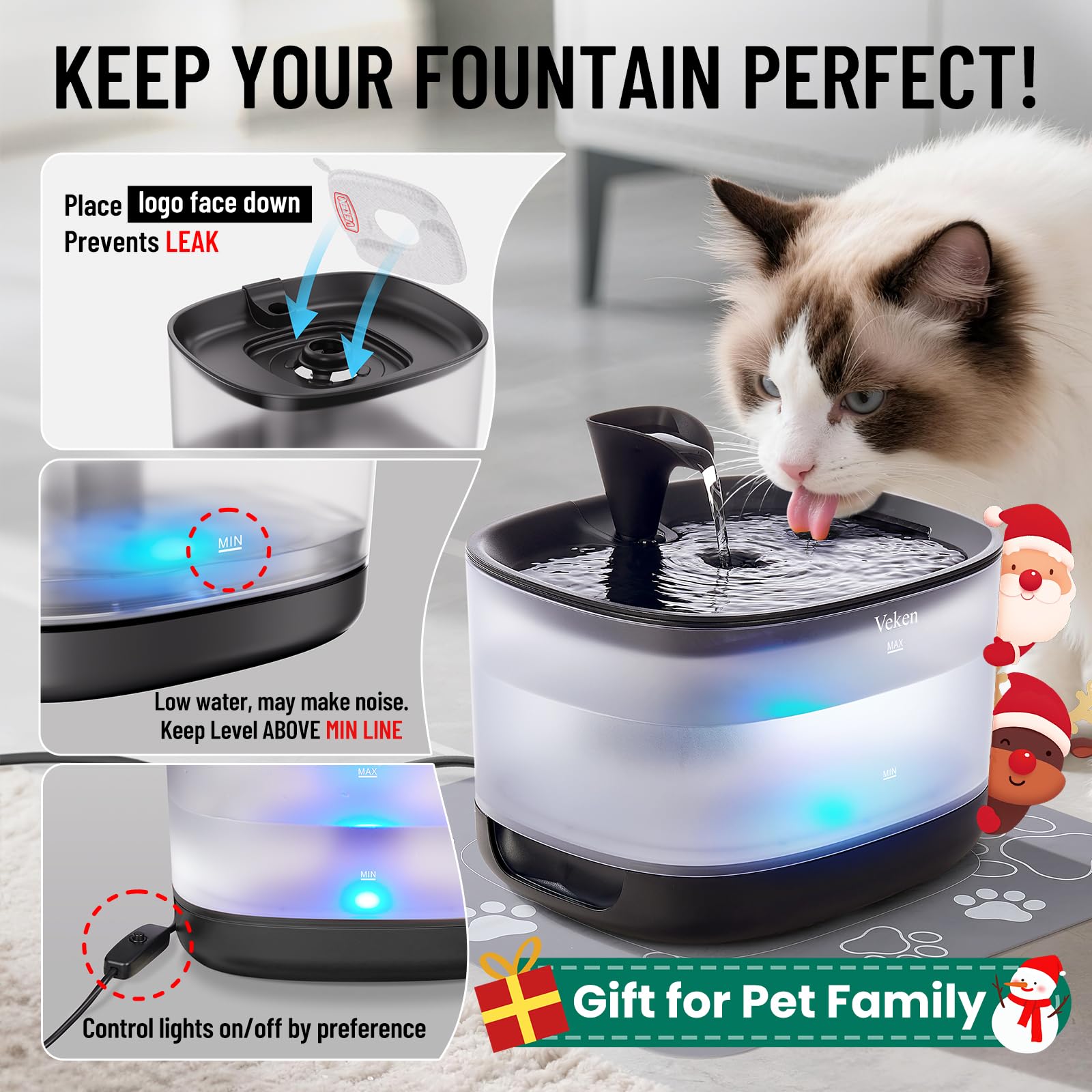 Veken Cat Water Fountain silicone pad reduces noise and protects floors.
