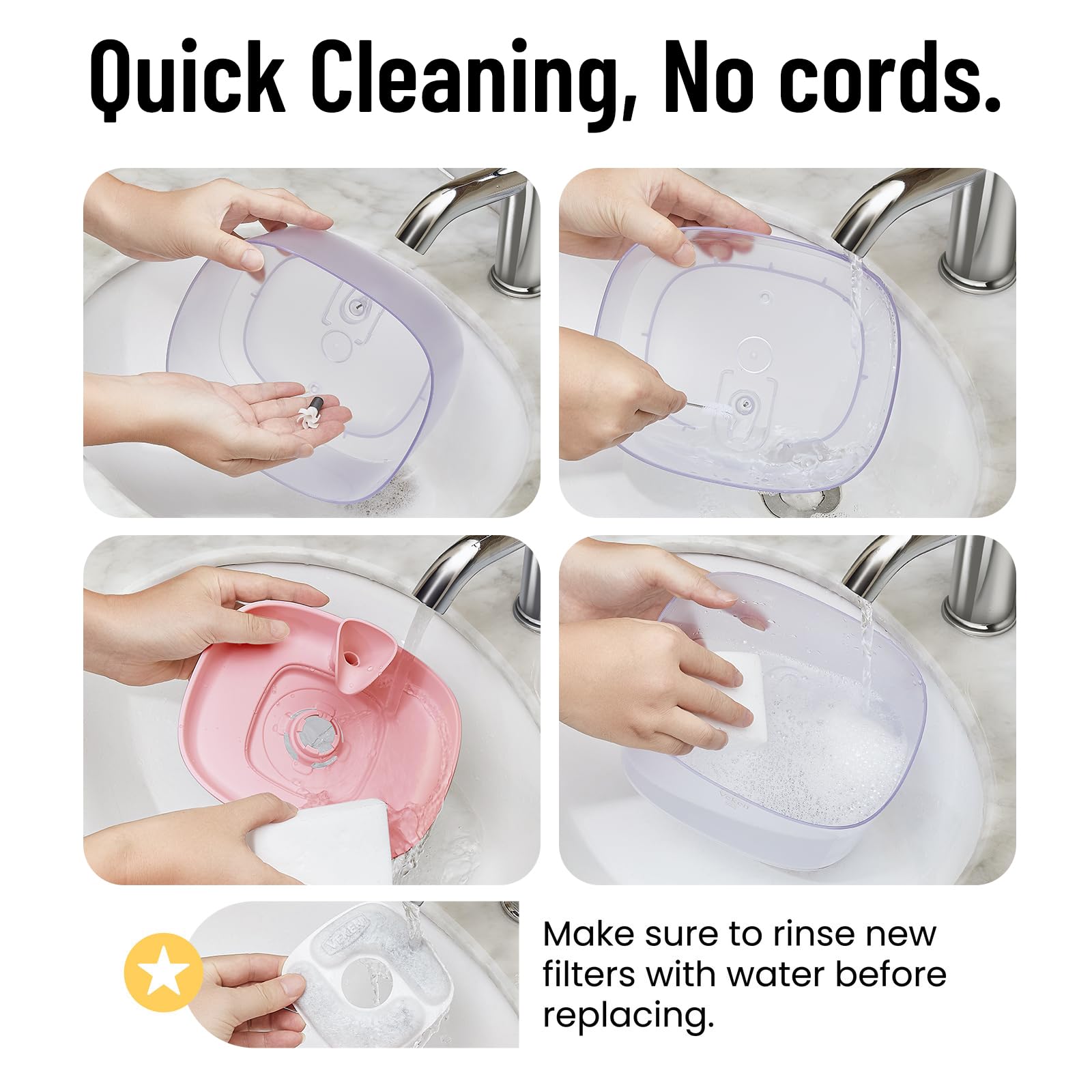 Veken cat water fountain includes silicone pad to reduce noise and splashing.