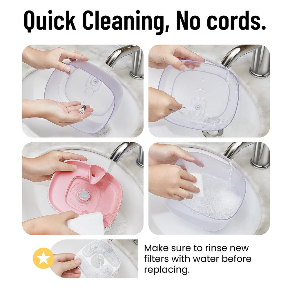 Veken cat water fountain includes silicone pad to reduce noise and splashing.