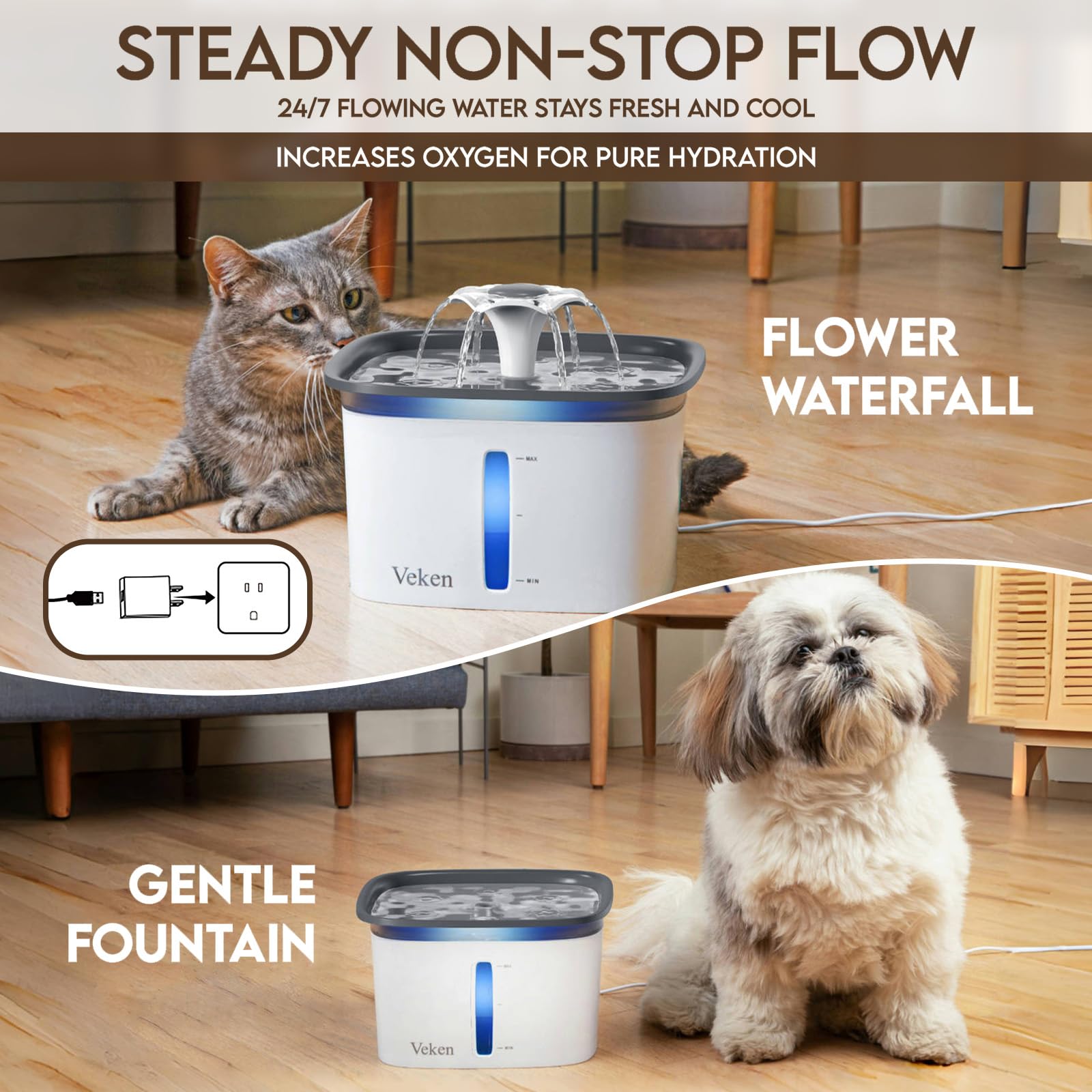 Veken gentle fountain flow provides calm, accessible drinking for cats and dogs.