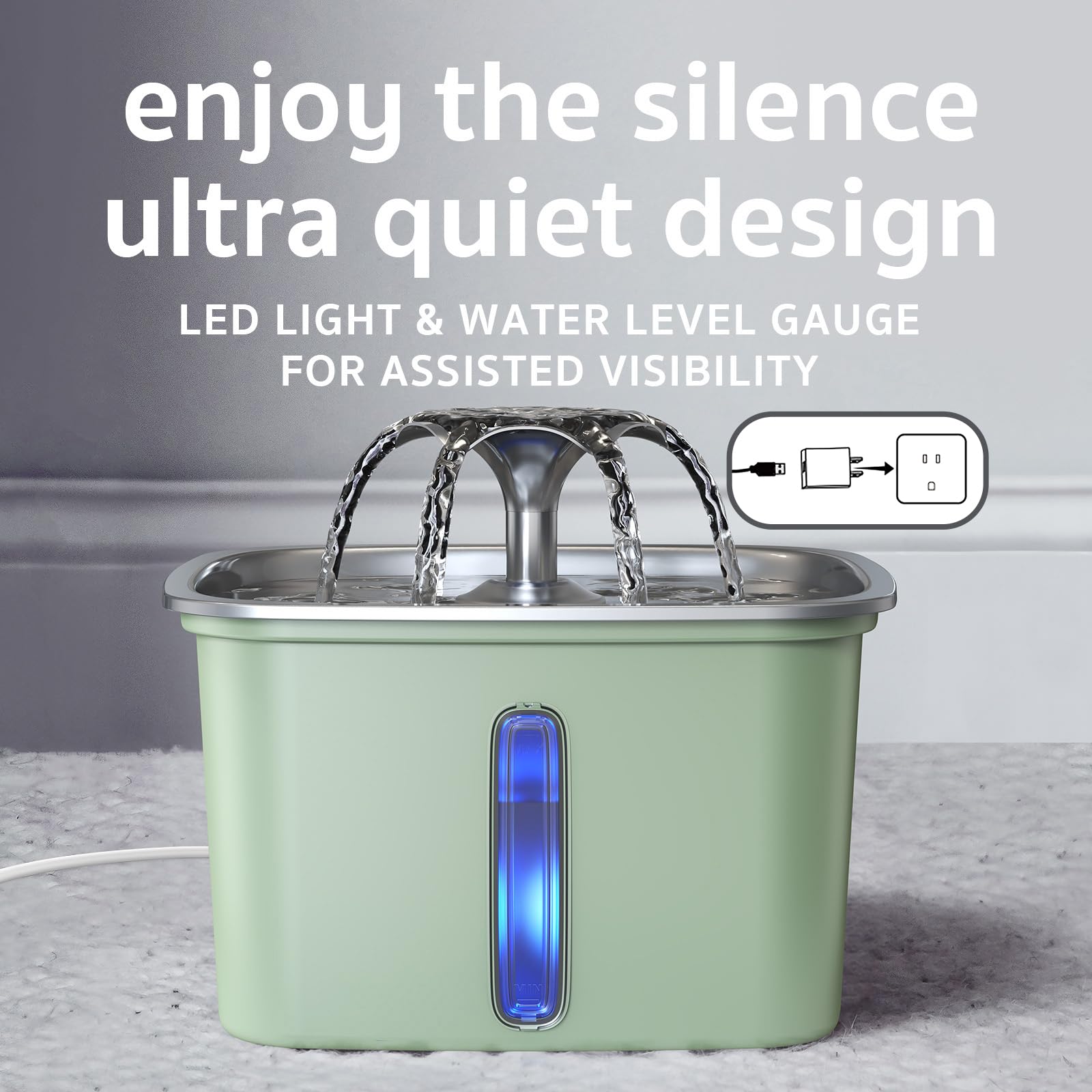 Veken LED light on tea green fountain illuminates the drinking area for night use.