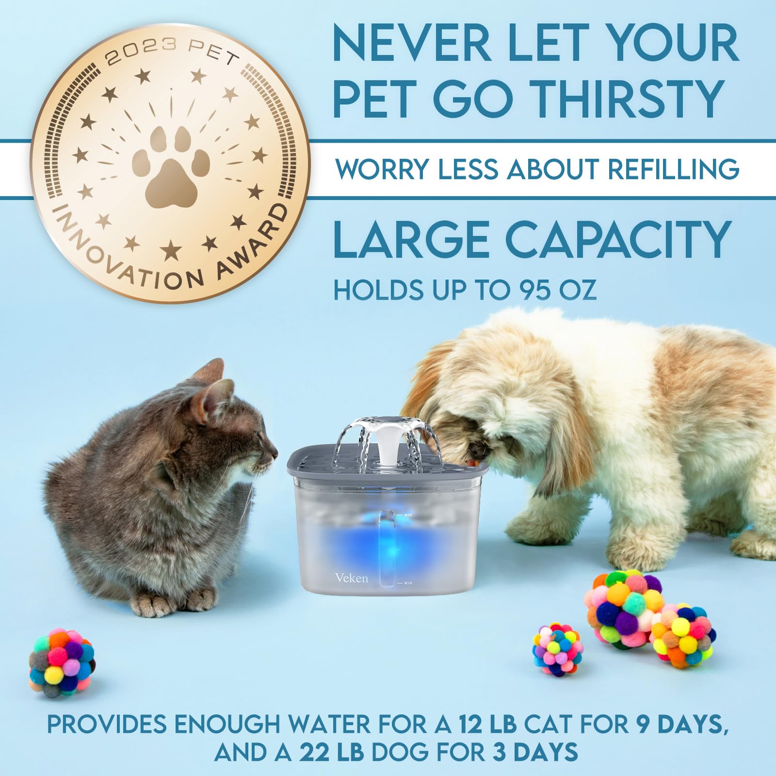 Veken silver-activated carbon filtration improves water quality for pets.