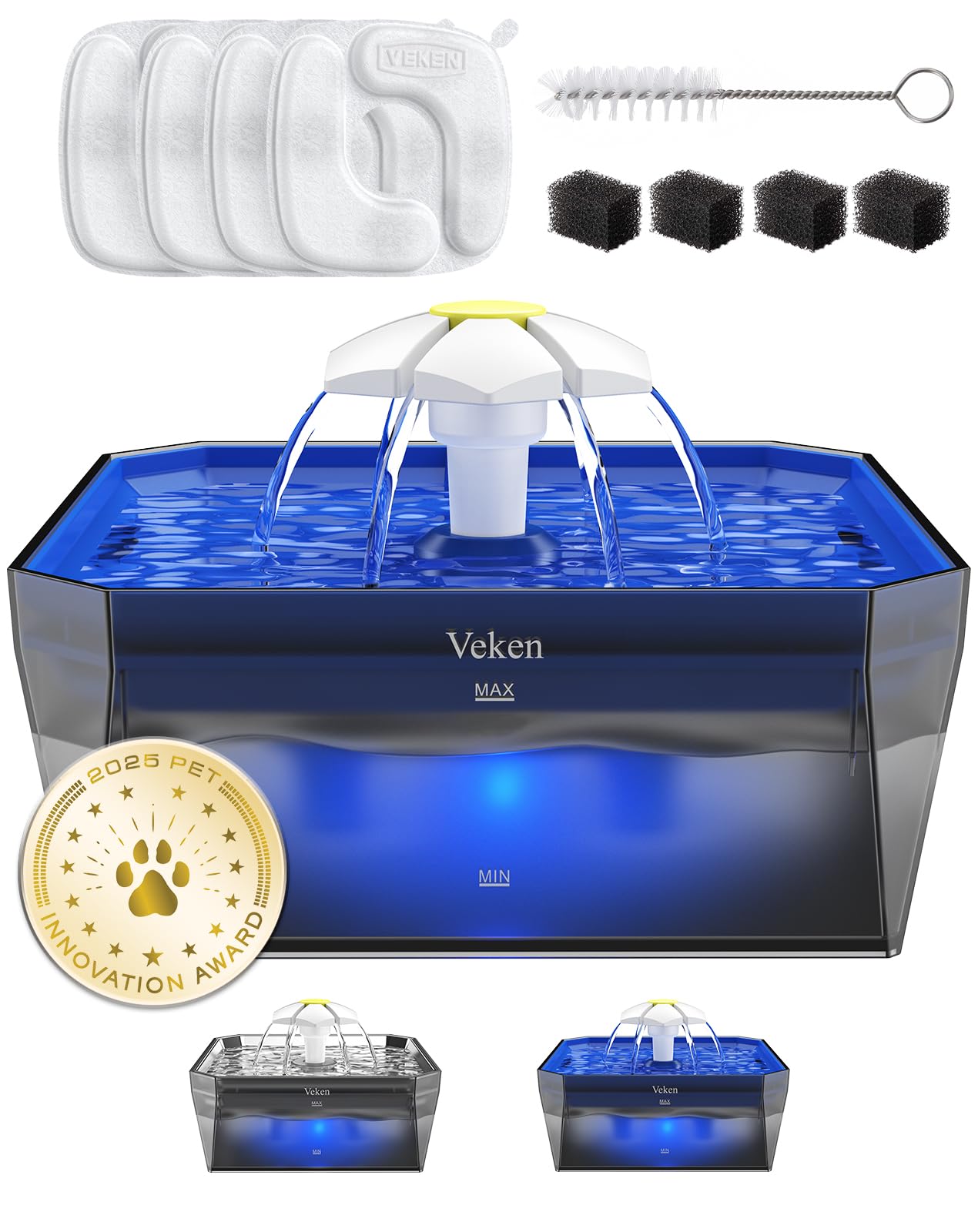 Veken small pet water fountain blue front view showing compact design for quiet hydration