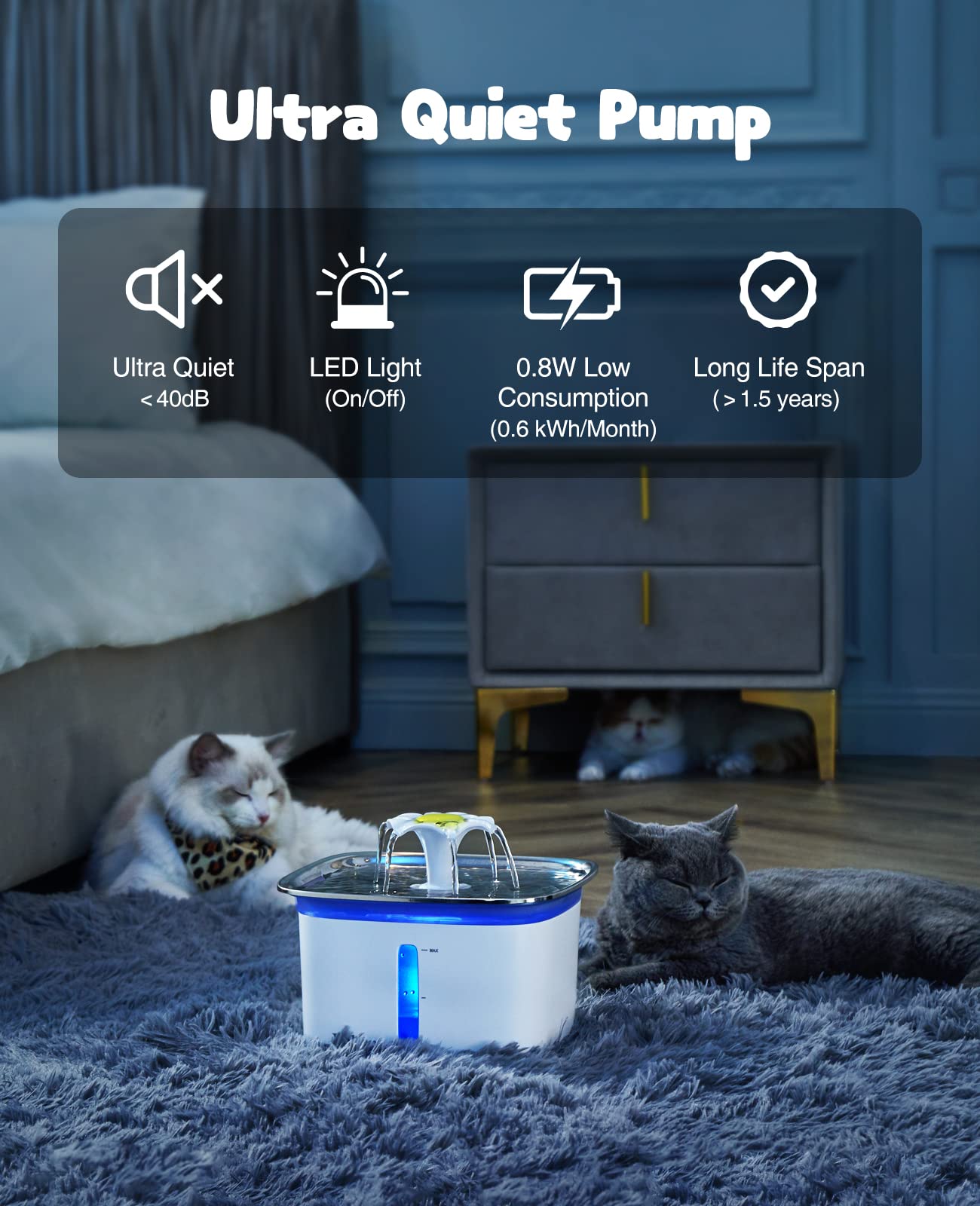Veken ultra-quiet pump operates smoothly for long-term pet hydration.